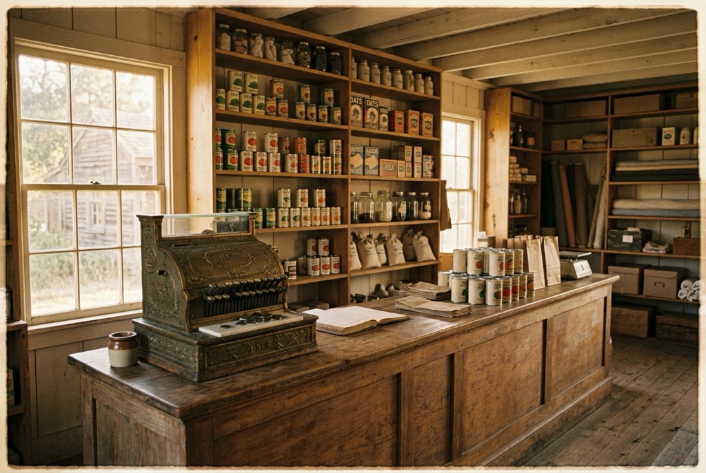 A vintage on-post trading counter in warm afternoon light